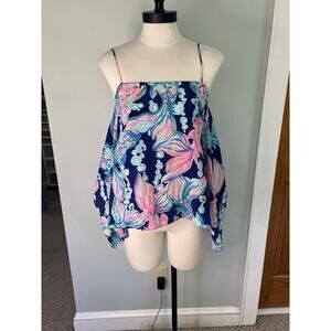 Lilly Pulitzer Maisy Halter Tank Top Blouse Silk Solar Blue Night Swimming XS